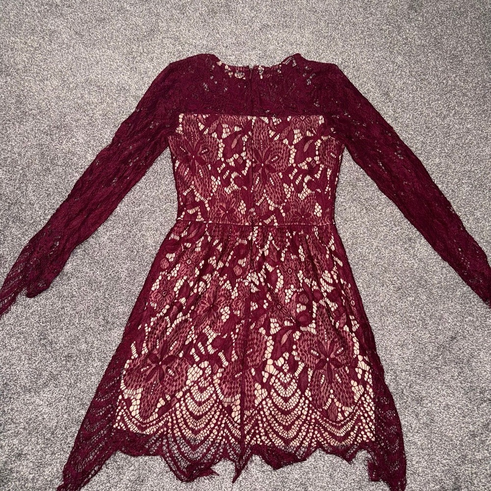 Women's Long Sleeve Maroon Lace Overlay Dress w/ Nude Lining - Picture 11 of 12